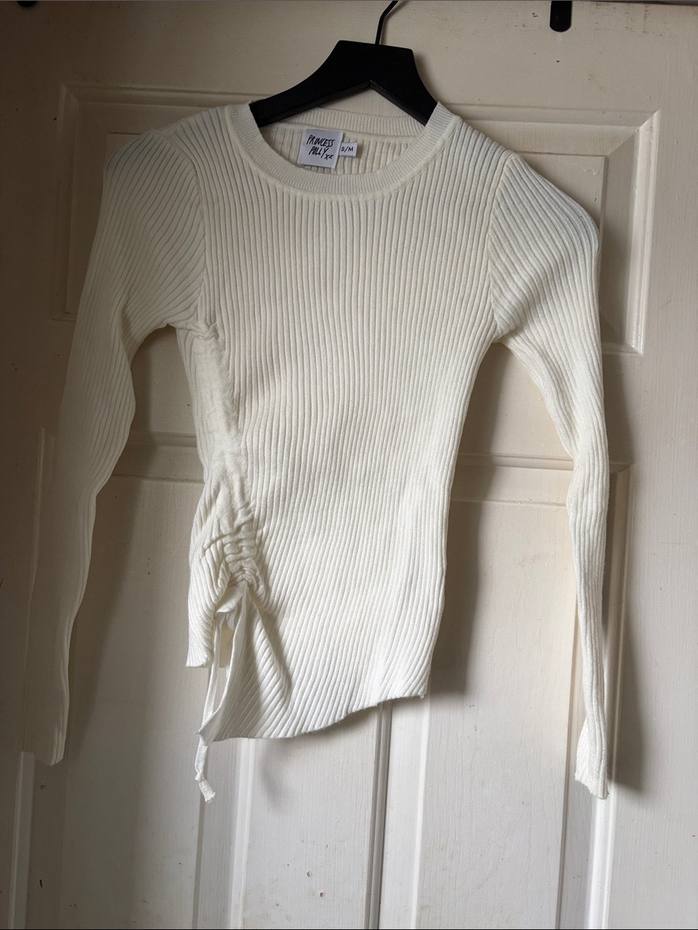 Princess Polly White Ribbed Side-Ruched Long Sleeve Top